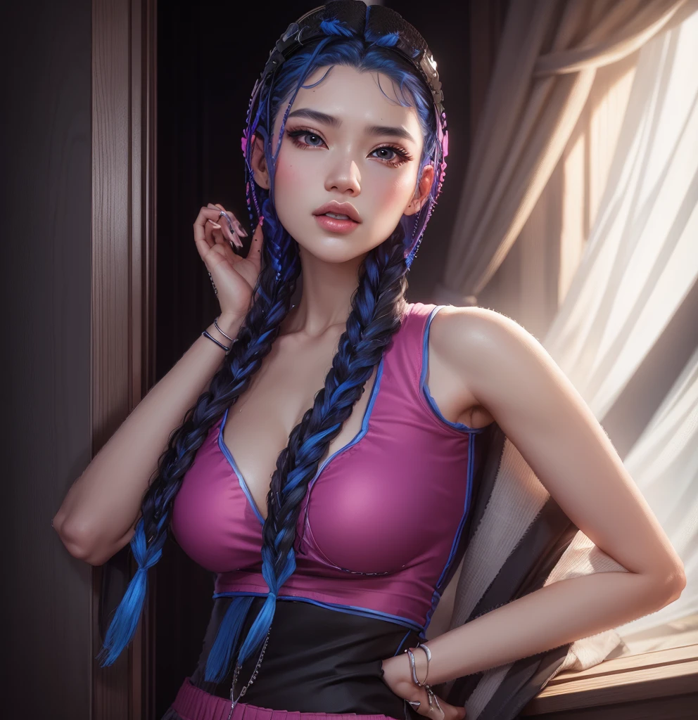 AVATAR SECOND LIFE Korean girl wearing a pink blouse, Asian, long hair blue, hair blue, hair blue,, Perfect and detailed face, imvu, maximalist details, AVATAR SECOND LIFE Korean blusa , neon,