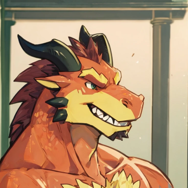 Solo, male, dragon, muscular, orange scales, spikes, bara, handsome, chest hair, mane