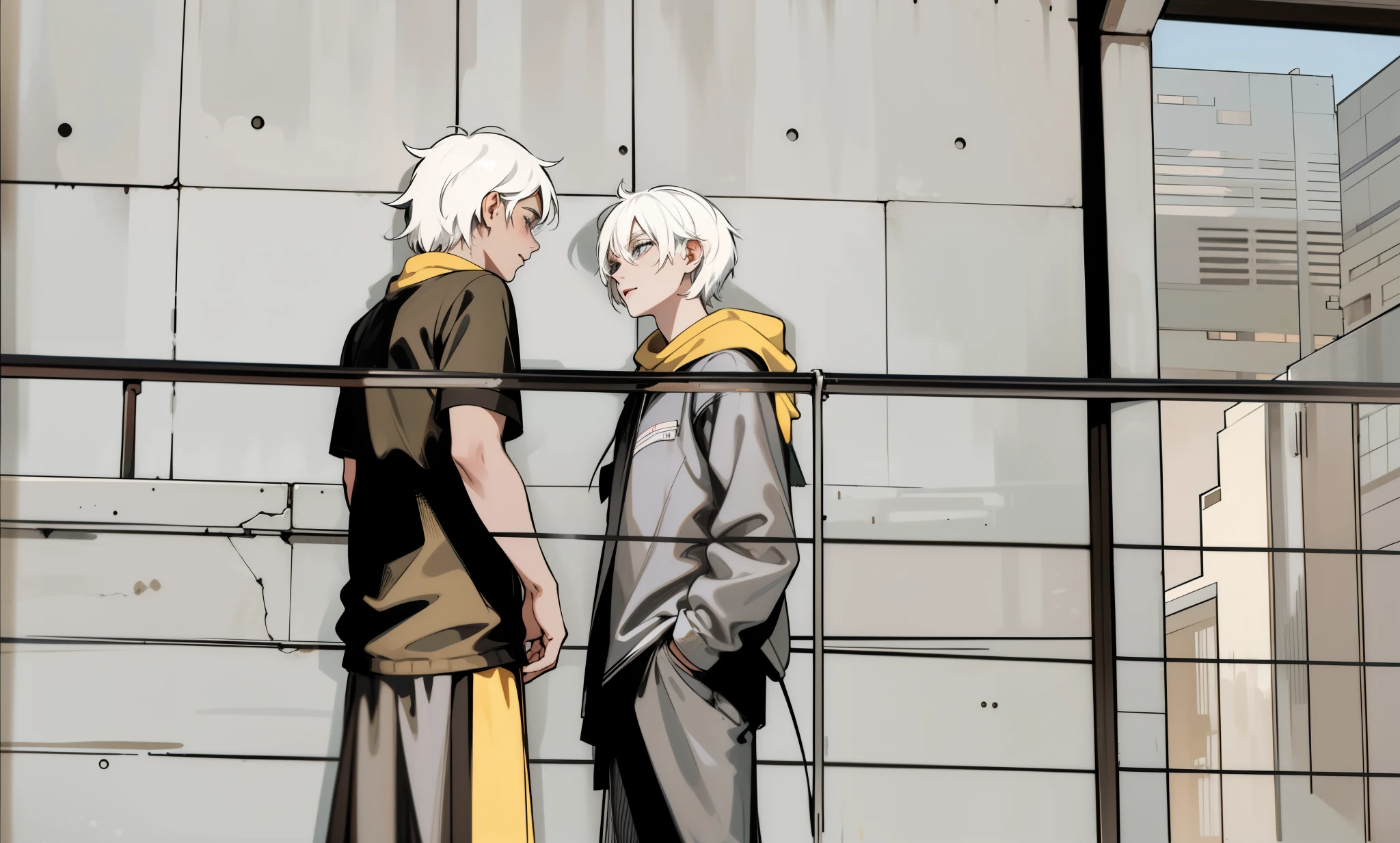 There are two young people of 26 years of age with white hair talking closely about something important, they look into each other's eyes.