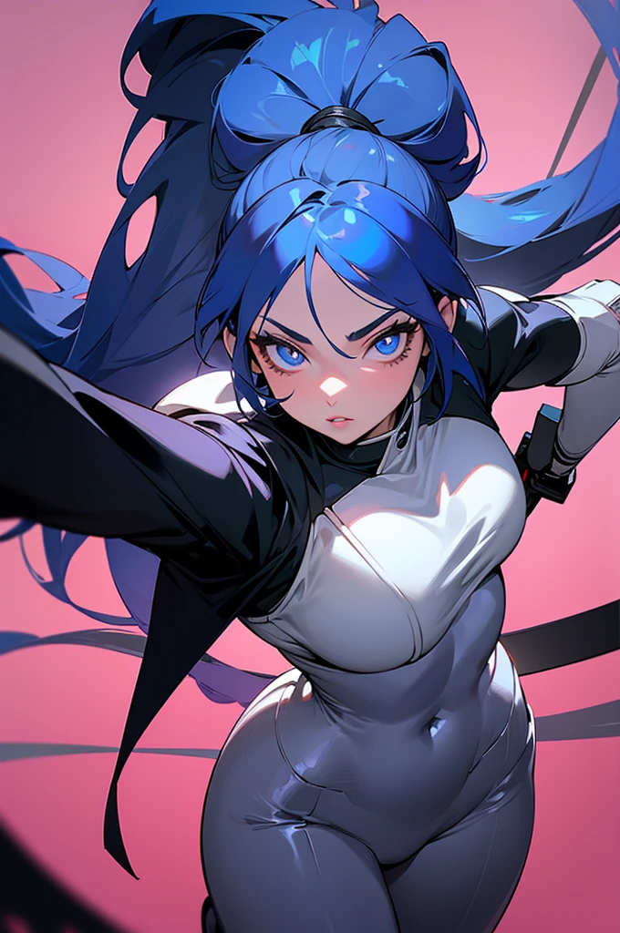 1 person, gorgeous girl, simple Kunoichi suit, holding a giant sword on her shoulder, ultra long hair ponytail, ultra detailed hair, ultra detailed face, long eyelashes, glowing blue eyes, glowing lips, she is holding a giant katana on her shoulder, she's is standing,
