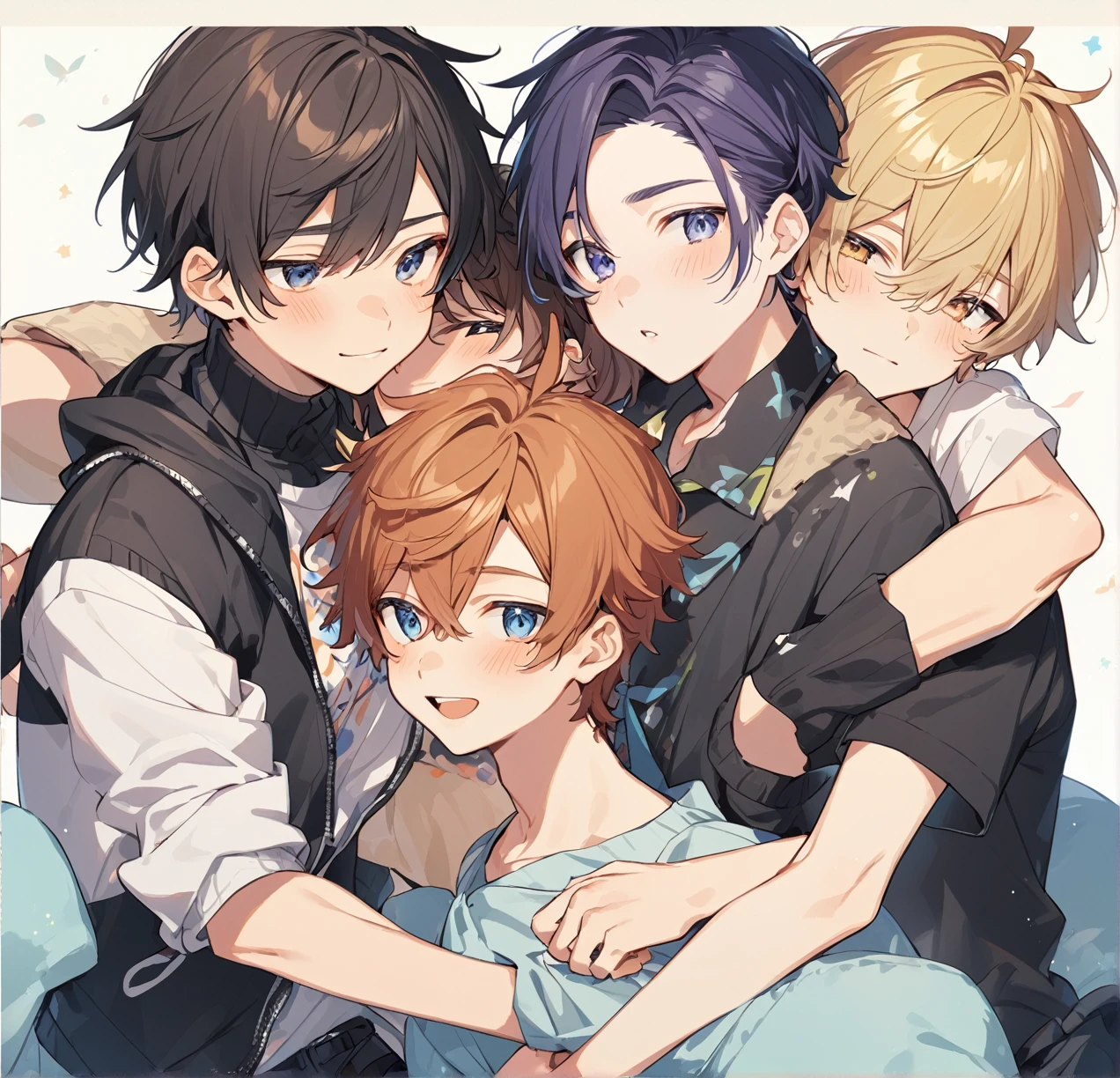 3 different cute male teenagers cuddling together