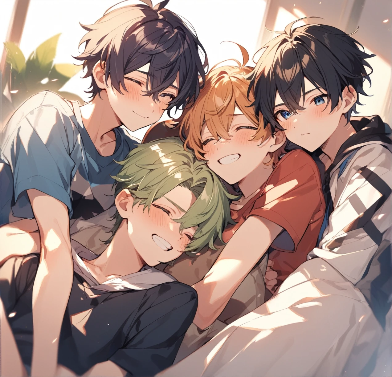 3 different cute male teenagers cuddling together