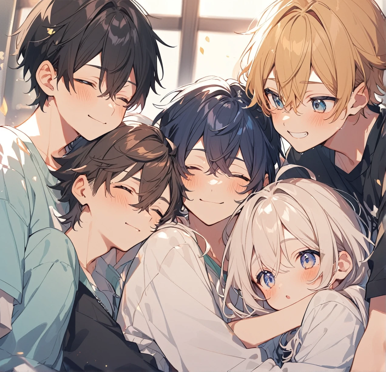 3 different cute male agers cuddling together