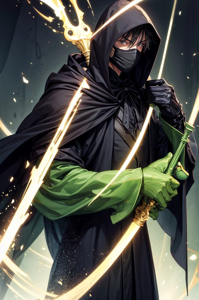 wearing a frog mask, wearing a black cloak, male, holding a one-handed mace, wearing a suit under the cloak, muscular,