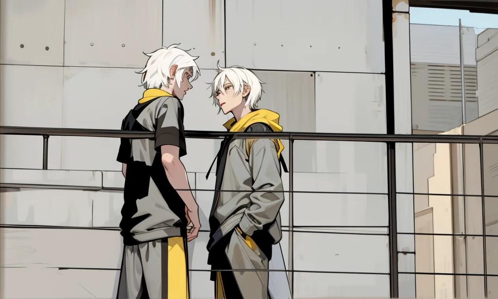 There are two 26-year-old men with white hair, black and yellow clothes, talking closely about something important, they look into each other&#39;s eyes.