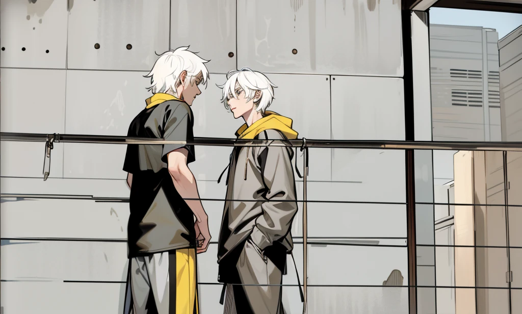 There are two 26-year-old men with white hair, black and yellow clothes, talking closely about something important, they look into each other&#39;s eyes.