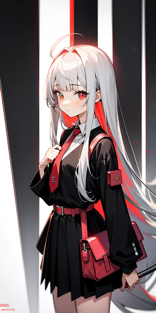 Anime girl with  deep gray hair, glossy hair, long straight hair|detailed hair|long hair|blunt bangs|Long bold side bang|ahoge|long straight cutted hair,)))),Slender, beautiful hair,beautiful eyes, heterochromia , red right eye, gray left eye
 Thst one girl in red tie, red(right eye) and gray(left eye) eyes, shy blush, pretty, small satchel, cyberpunk
