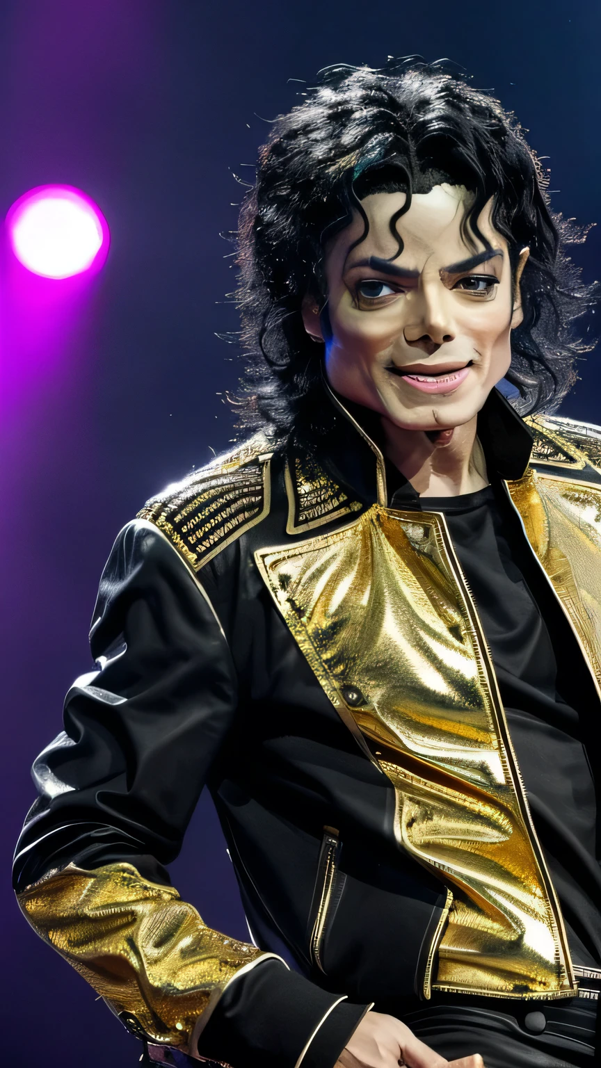 "Describe an ultra-detailed image of Michael Jackson on stage, wearing a black leather jacket with gold metal details. He's holding a silver microphone and his white gloves shine under the show's bright lights.. Your hair is combed back, highlighting his energetic dance moves as he sings with passion."