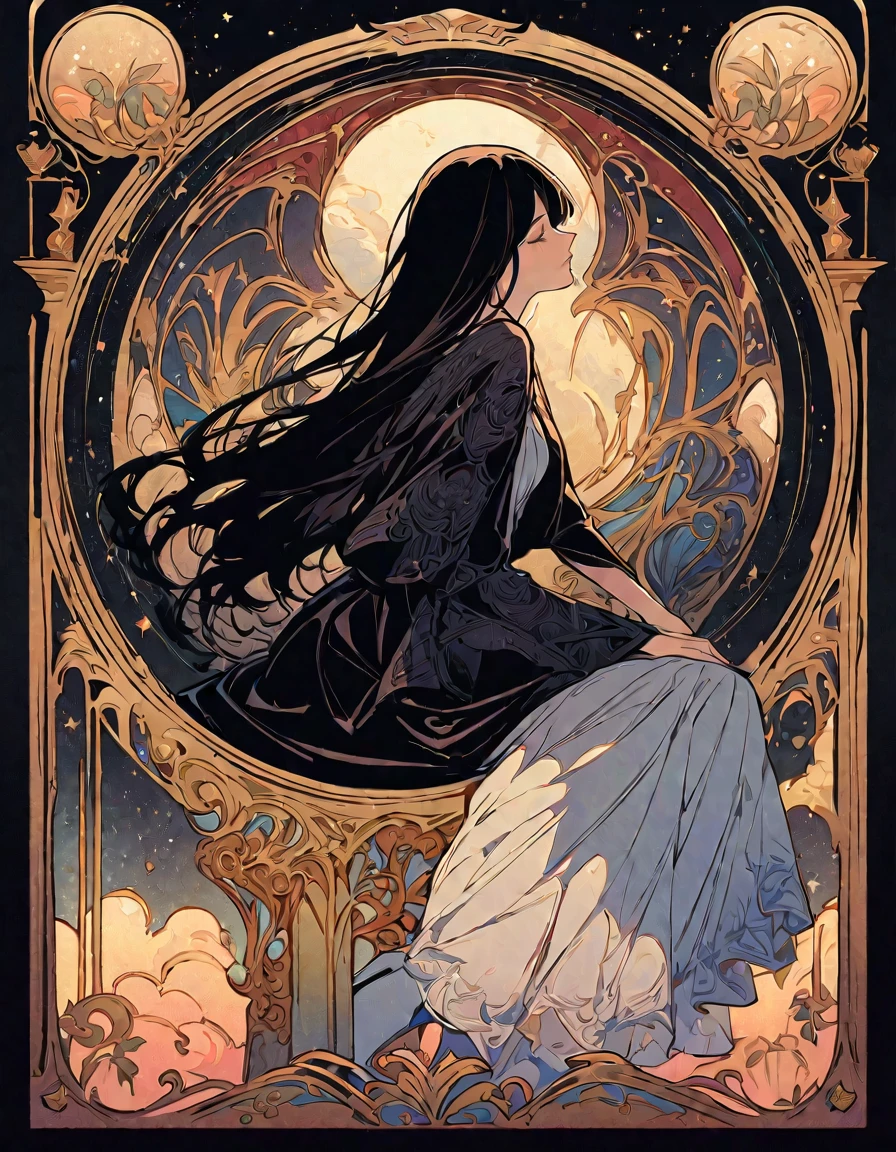Beautiful closeup of black and white striped stockings with gold stars, adorned in high heels in the style of cool, Art Nouveau, romantic illustrations, monochromatic masterpieces, intricate patterns, hand-drawn details, black lines, black ink, and golden light, sitting on the stairs of an old building, close-up perspective, side view, fantasy, and dreamy atmosphere. The background is a starry sky. High resolution, high quality. --ar 3:4 --niji 6