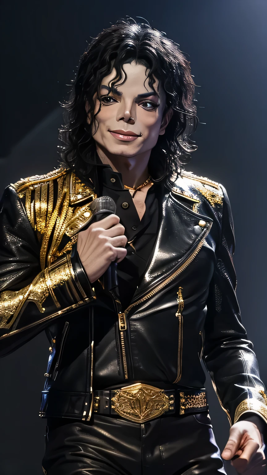 "Describe an ultra-detailed image of Michael Jackson on stage, wearing a black leather jacket with gold metal details. He&#39;s holding a silver microphone and his white gloves shine under the show&#39;s bright lights.. Your hair is combed back, highlighting his energetic dance moves as he sings with passion."

