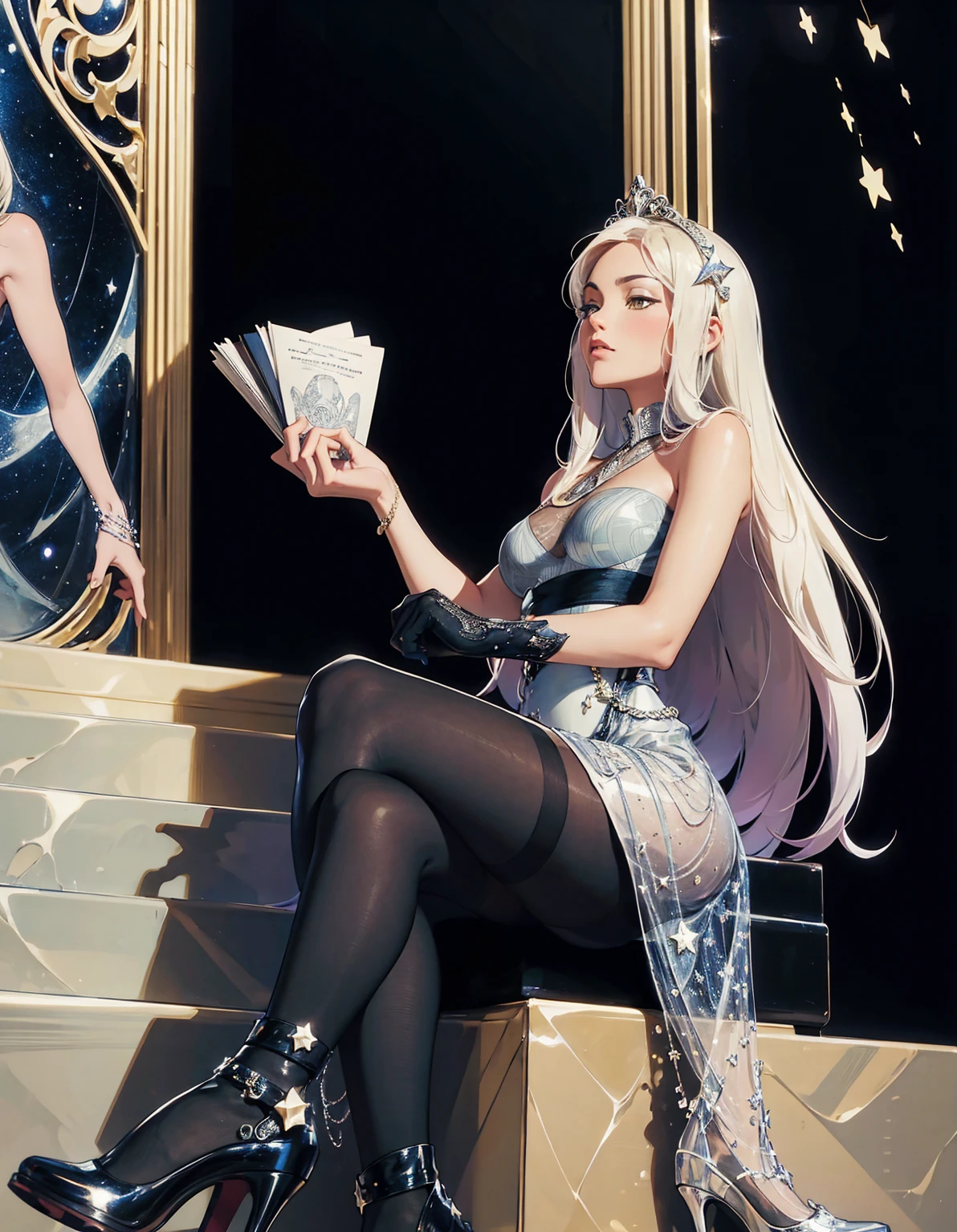 Beautiful closeup of black and white striped stockings with gold stars, adorned in high heels in the style of cool, Art Nouveau, romantic illustrations, monochromatic masterpieces, intricate patterns, hand-drawn details, black lines, black ink, and golden light, sitting on the stairs of an old building, close-up perspective, side view, fantasy, and dreamy atmosphere. The background is a starry sky. High resolution, high quality. --ar 3:4 --niji 6