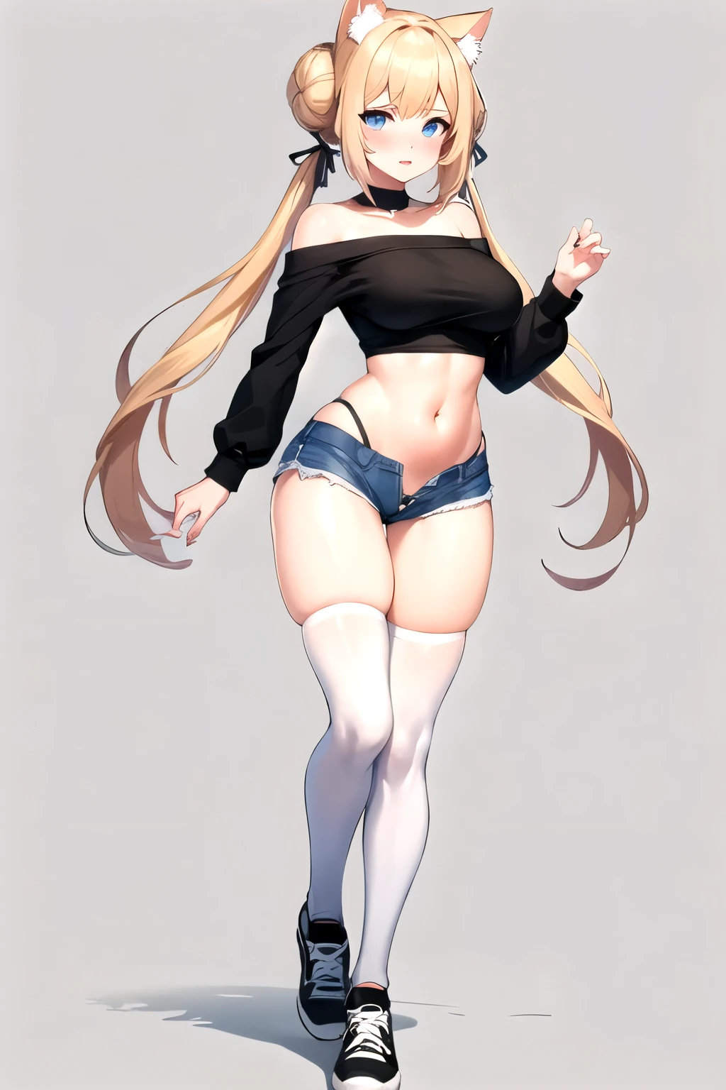 (master piece, best quality, full body), absurdres, 1 girl, solo, simple background, white background, looking at viewer, twintails with buns, hair bun, double buns, long hair, blonde hair, blue eyes, blushing, white cap with cat ears, black long sleeves, long sleeve black pullover, long sleeve black T-shirt, off shoulder, denim shorts, denim shorts, low-rise shorts, white thighhighs, white cat thighhighs, black sneakers, blush, body, slim body, shapely, medium breasts, hips wider than shoulders, pear-shaped figure, futanari bulge, bulge