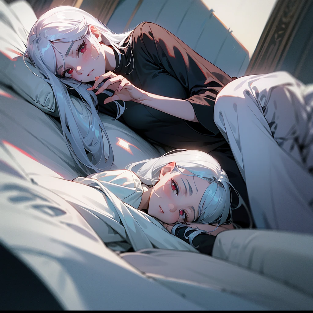 your character, belonging to the Boku no Hero universe, is lying on a soft surface, probably a bed or a sofa, with a posture that denotes tranquility and a pinch of melancholy. His body is slightly tilted to his left side, allowing her long silver hair to spread in soft waves around her head. Soft, violet lighting bathes the scene, highlighting the pale tone of her skin and creating an ethereal contrast with her silver hair.His intense red eyes are half closed, with a distant, thoughtful look that suggests she is deep in thought. Her long eyelashes cast delicate shadows on her cheeks.. She rests her head on her left arm., which is bent at a comfortable angle under your head, serving as a kind of makeshift pillow. His left hand is relaxed, fingers slightly curved.Your character&#39;s right hand is extended forward, resting gently on the surface it is on. His fingers are slightly apart, as if she was delicately touching something invisible in front of her. Violet light creates a soft glow around your figure, highlighting the details of her serene face and the locks of her hair.His facial expression is serene, with a slight sadness that adds depth to its ethereal beauty. The violet highlights in her hair and skin give her an almost supernatural air., as if it belonged to a world between reality and fantasy. The stillness of the scene conveys a feeling of peace and reflection, inviting the viewer to immerse themselves in the thoughts and emotions of your character.