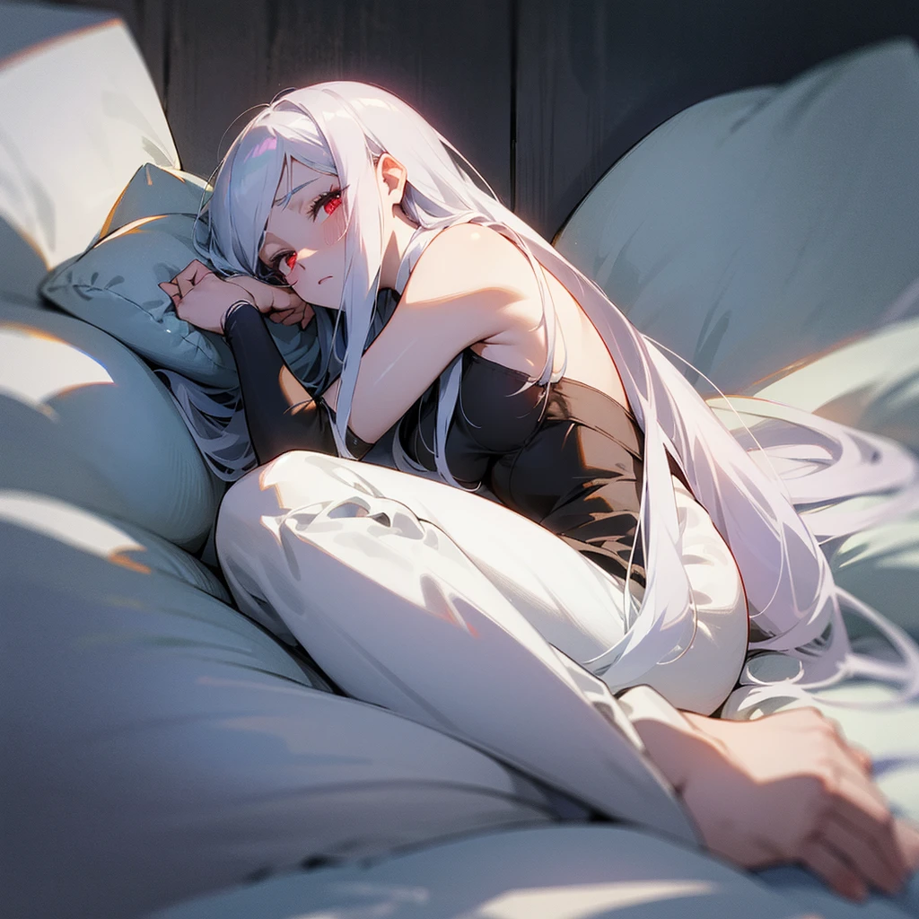 your character, belonging to the Boku no Hero universe, is lying on a soft surface, probably a bed or a sofa, with a posture that denotes tranquility and a pinch of melancholy. His body is slightly tilted to his left side, allowing her long silver hair to spread in soft waves around her head. Soft, violet lighting bathes the scene, highlighting the pale tone of her skin and creating an ethereal contrast with her silver hair.His intense red eyes are half closed, with a distant, thoughtful look that suggests she is deep in thought. Her long eyelashes cast delicate shadows on her cheeks.. She rests her head on her left arm., which is bent at a comfortable angle under your head, serving as a kind of makeshift pillow. His left hand is relaxed, fingers slightly curved.Your character&#39;s right hand is extended forward, resting gently on the surface it is on. His fingers are slightly apart, as if she was delicately touching something invisible in front of her. Violet light creates a soft glow around your figure, highlighting the details of her serene face and the locks of her hair.His facial expression is serene, with a slight sadness that adds depth to its ethereal beauty. The violet highlights in her hair and skin give her an almost supernatural air., as if it belonged to a world between reality and fantasy. The stillness of the scene conveys a feeling of peace and reflection, inviting the viewer to immerse themselves in the thoughts and emotions of your character.