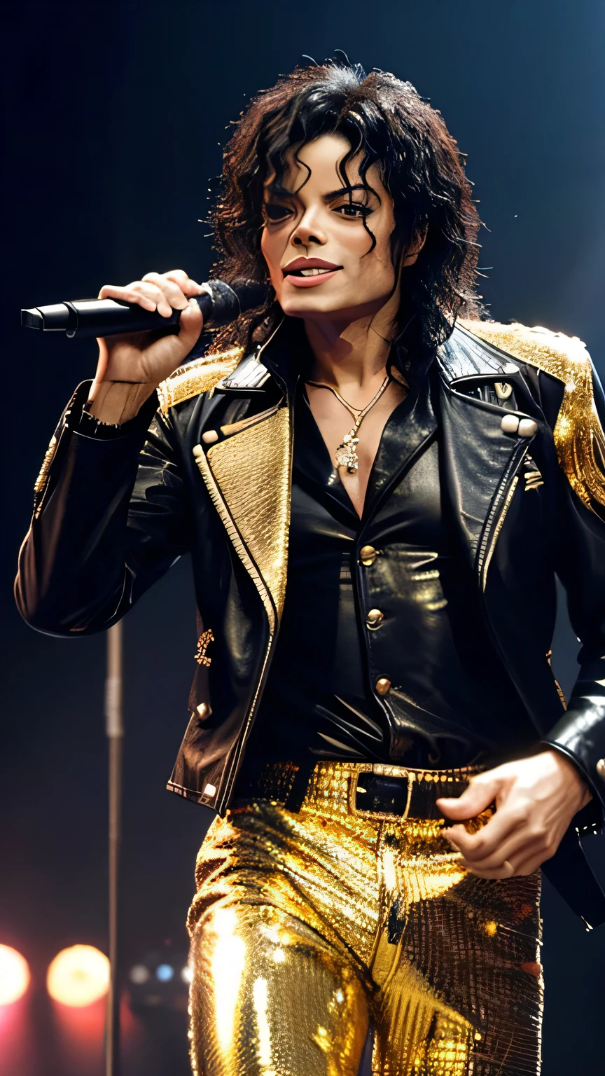 "Describe an ultra-detailed image of Michael Jackson on stage, wearing a black leather jacket with gold metal details. He's holding a silver microphone and his white gloves shine under the show's bright lights.. Your hair is combed back, highlighting his energetic dance moves as he sings with passion."