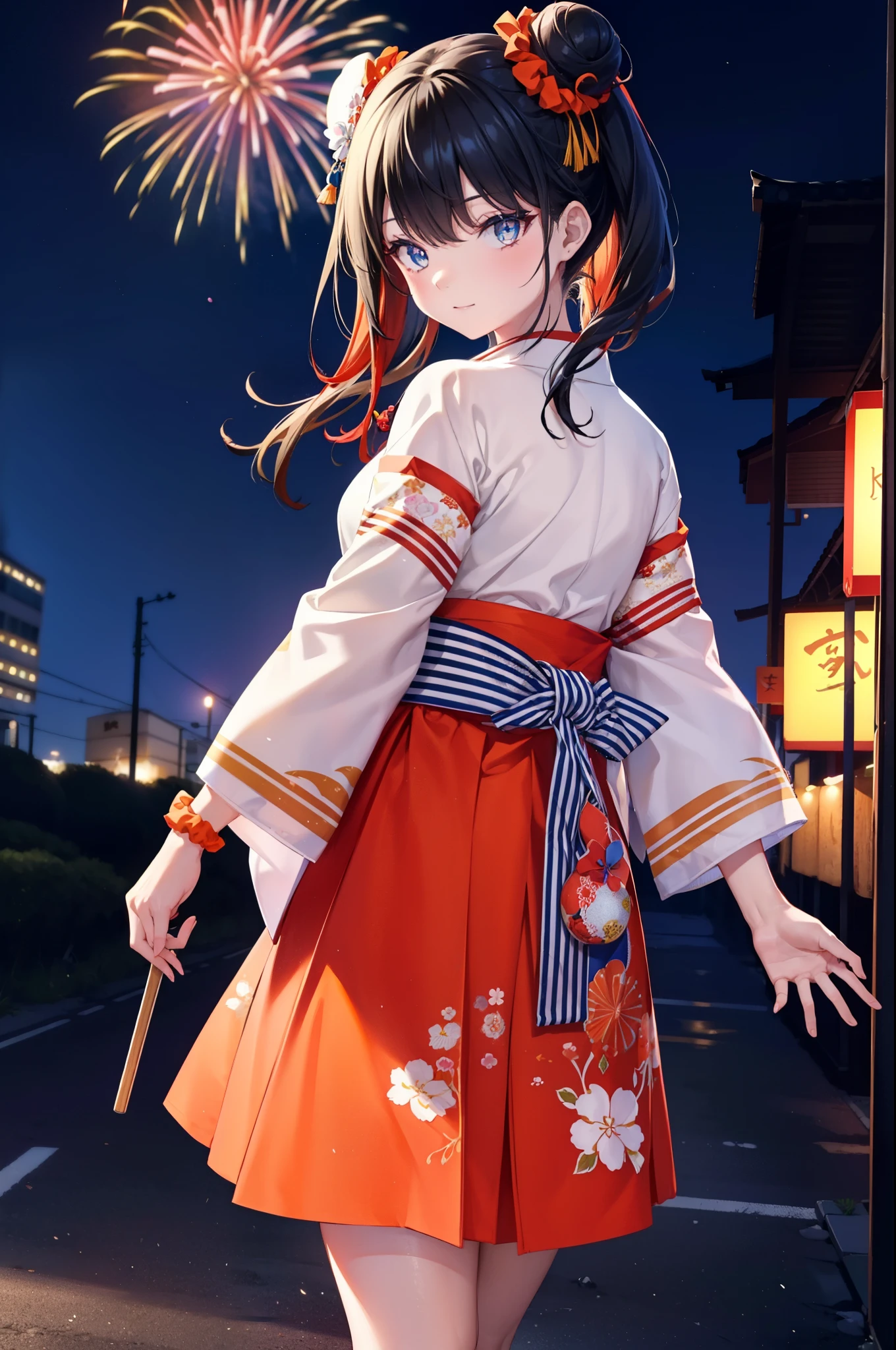 Takada Rokka, Black Hair, blue eyes, Long Hair, orange Scrunchie, Scrunchie, wrist Scrunchie,White Kimono,Thick sleeves,Long skirt,Sandals,日本のfestival,夏festivalの屋台,Red lantern,Hair Bun, double  Hair Bun,happy smile, smile, Open your mouth,Fireworks,The place is a fireworks display、Time is night,Walking,whole bodyがイラストに入るように,
break outdoors, festival,
break looking at viewer, whole body,(Cowboy Shot:1. 5),
break (masterpiece:1.2), Highest quality, High resolution, unity 8k wallpaper, (shape:0.8), (Fine and beautiful eyes:1.6), Highly detailed face, Perfect lighting, Highly detailed CG, (Perfect hands, Perfect Anatomy),