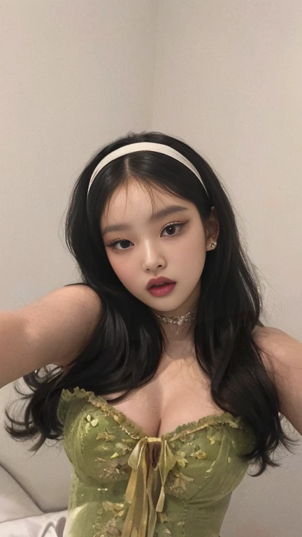 A closeup of a woman in a green dress posing for a photo, jennie pink black, jinyoung shin, jaeyeon nam, roseanne park by blackpink, portrait of jossi de blackpink, jossi de blackpink, korean girl, ulzzang, beautiful south korean woman, tzuyu of two times, heonhwa choe, korean idol, Beautiful young Korean woman