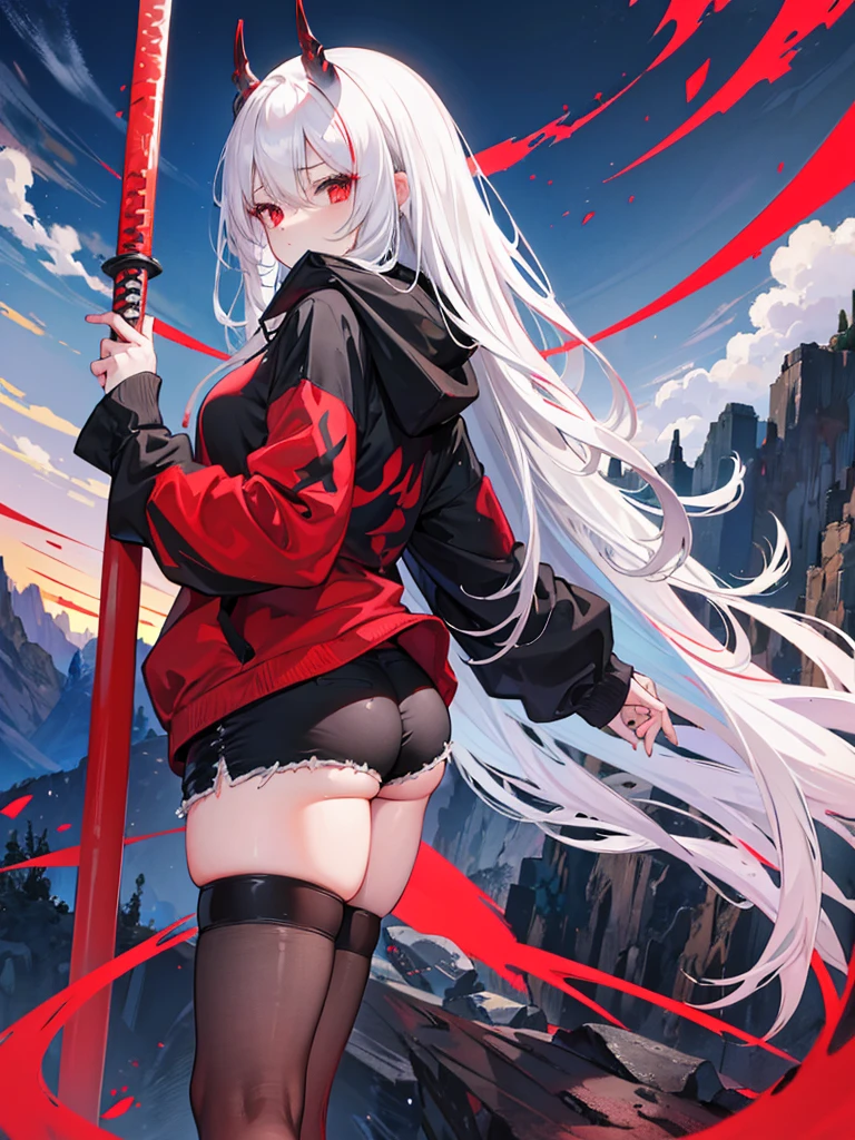 Girl , tall,long white hair , red eyes ,Big , thunder thighs, big ass, black shorts ,black demon hoodie , dark Oni face mask, swinging katana , mountain backround , looking to viewer