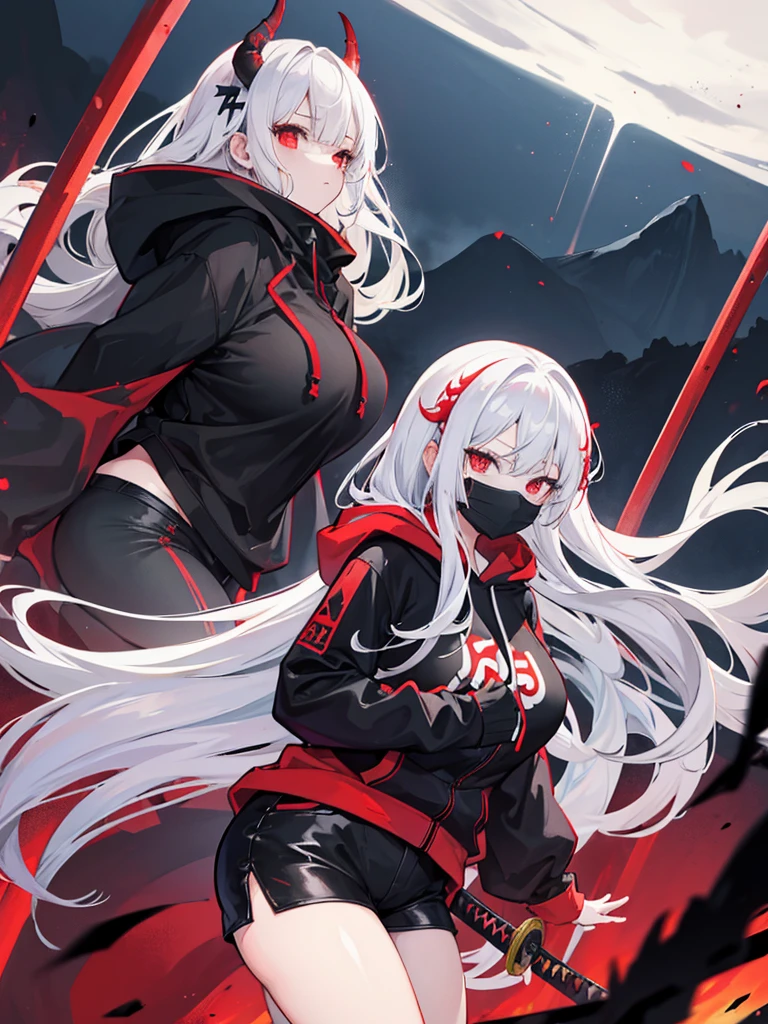 Girl , tall,long white hair , red eyes ,Big , thunder thighs, big ass, black shorts ,black demon hoodie , dark Oni face mask, swinging katana , mountain backround , looking to viewer