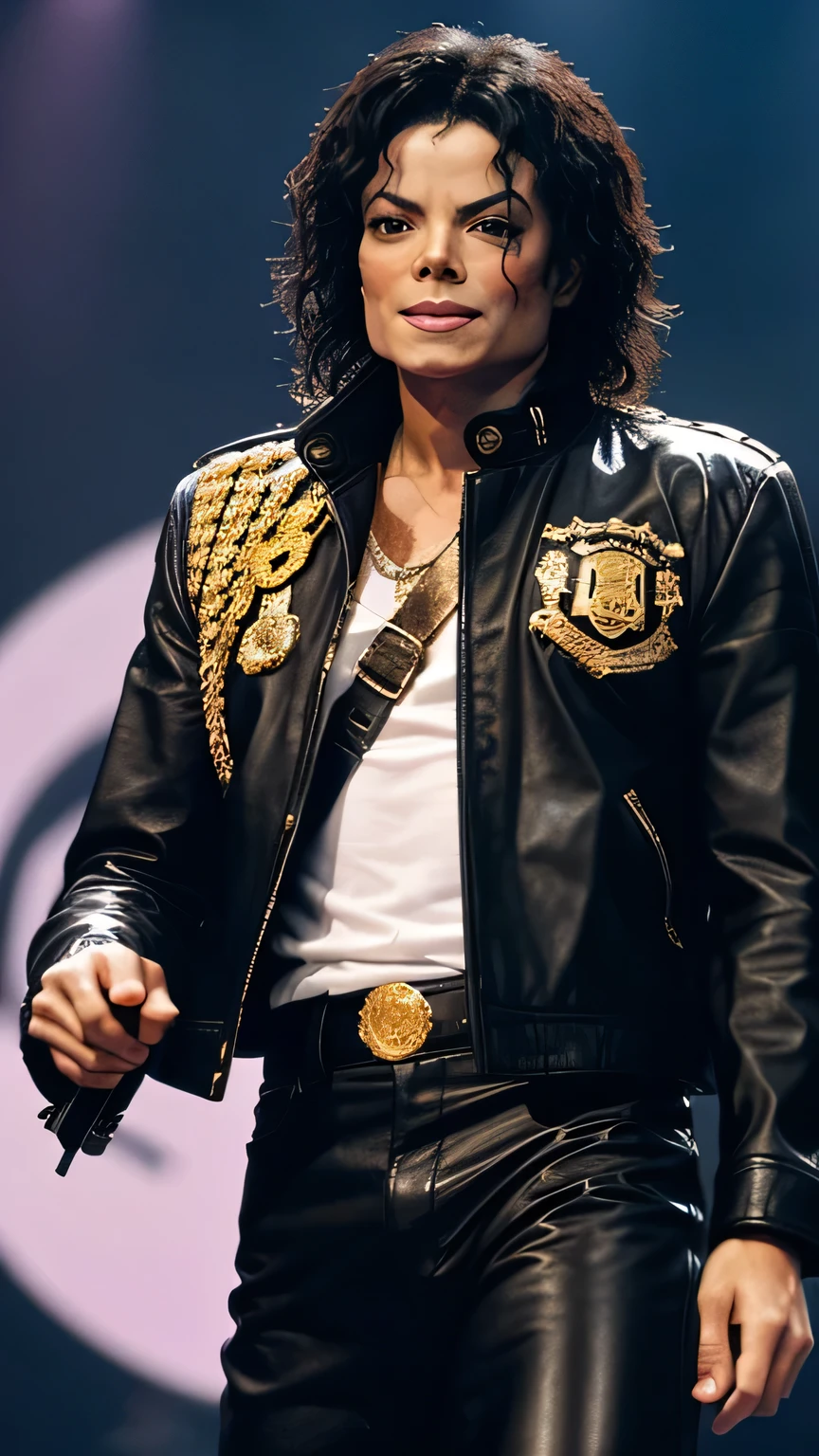 "Describe an ultra-detailed image of Michael Jackson on stage, wearing a black leather jacket with gold metal details. He&#39;s holding a silver microphone and his white gloves shine under the show&#39;s bright lights.. Your hair is combed back, highlighting his energetic dance moves as he sings with passion."

