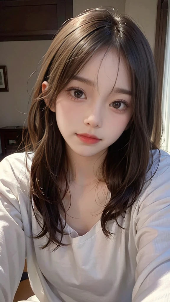 Fine quality detailed picture,realistic,beautiful skin,small face,beautiful detailed face and eyes,beautiful 25yo woman,big mouth,symmetry eyes,Squint eyes,delicate,flat chest,long sleeved T_shirts,in the bed