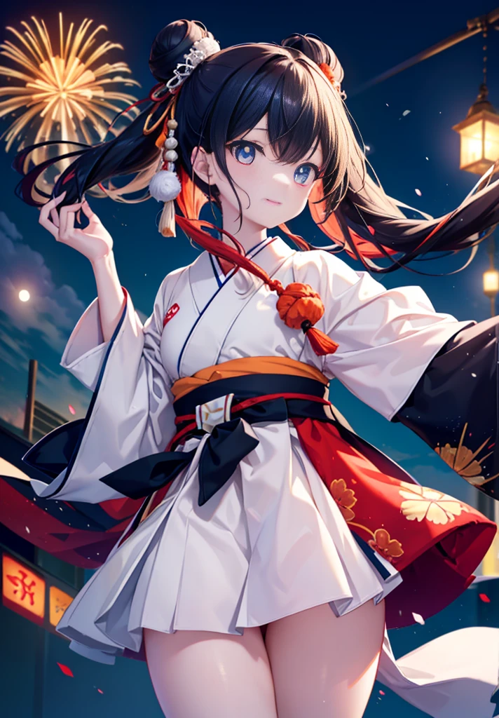 Takada Rokka, Black Hair, blue eyes, Long Hair, orange Scrunchie, Scrunchie, wrist Scrunchie,White Kimono,Thick sleeves,Long skirt,Sandals,日本のfestival,夏festivalの屋台,Red lantern,Hair Bun, double  Hair Bun,happy smile, smile, Open your mouth,Fireworks,The place is a fireworks display、Time is night,Walking,whole bodyがイラストに入るように,
break outdoors, festival,
break looking at viewer, whole body,(Cowboy Shot:1. 5),
break (masterpiece:1.2), Highest quality, High resolution, unity 8k wallpaper, (shape:0.8), (Fine and beautiful eyes:1.6), Highly detailed face, Perfect lighting, Highly detailed CG, (Perfect hands, Perfect Anatomy),