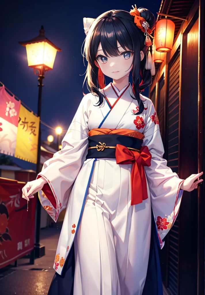 Takada Rokka, Black Hair, blue eyes, Long Hair, orange Scrunchie, Scrunchie, wrist Scrunchie,White Kimono,Thick sleeves,Long skirt,Sandals,日本のfestival,夏festivalの屋台,Red lantern,Hair Bun, double  Hair Bun,happy smile, smile, Open your mouth,Fireworks,The place is a fireworks display、Time is night,Walking,whole bodyがイラストに入るように,
break outdoors, festival,
break looking at viewer, whole body,(Cowboy Shot:1. 5),
break (masterpiece:1.2), Highest quality, High resolution, unity 8k wallpaper, (shape:0.8), (Fine and beautiful eyes:1.6), Highly detailed face, Perfect lighting, Highly detailed CG, (Perfect hands, Perfect Anatomy),