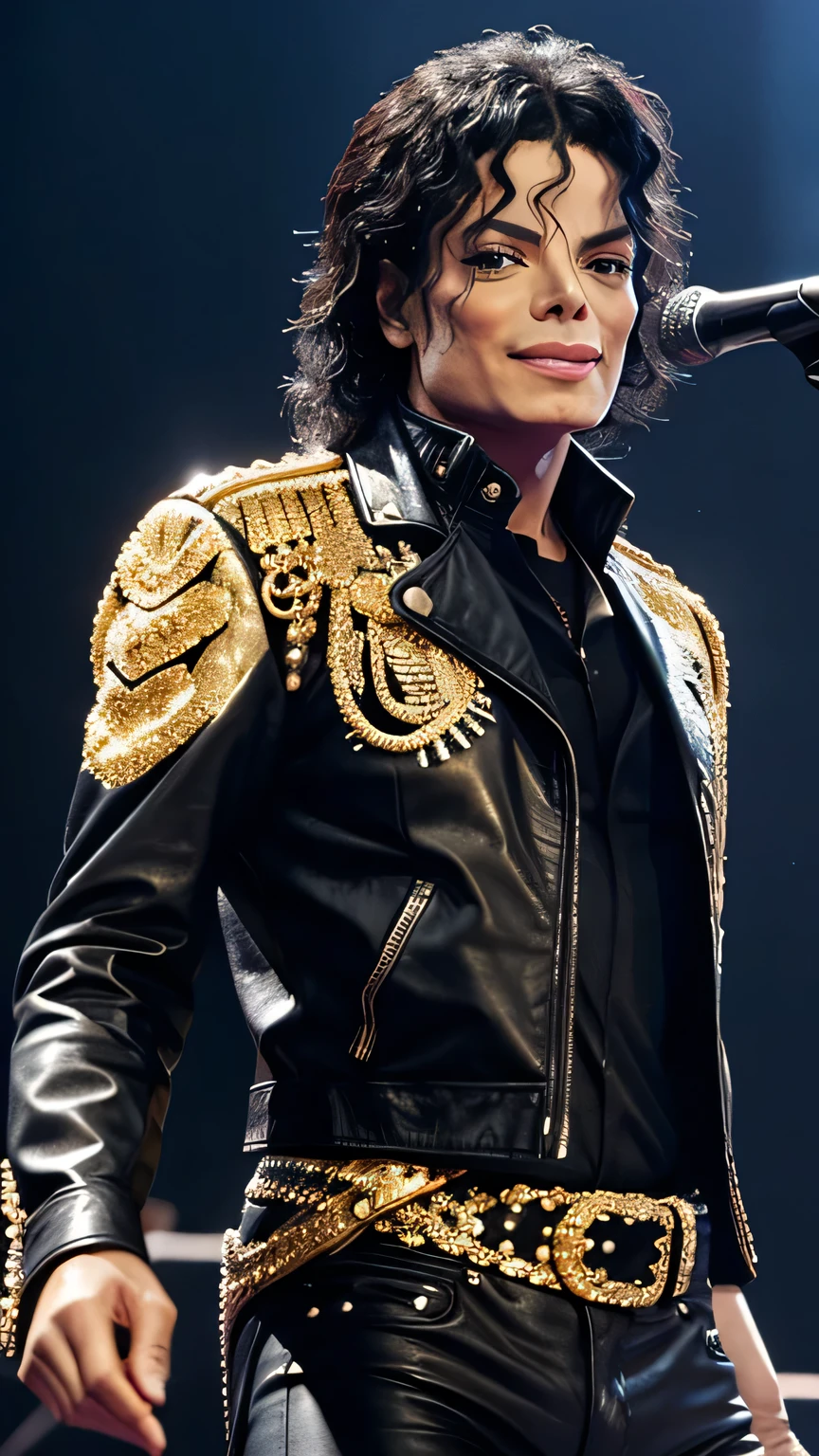 "Describe an ultra-detailed image of Michael Jackson on stage, wearing a black leather jacket with gold metal details. He's holding a silver microphone and his white gloves shine under the show's bright lights.. Your hair is combed back, highlighting his energetic dance moves as he sings with passion."