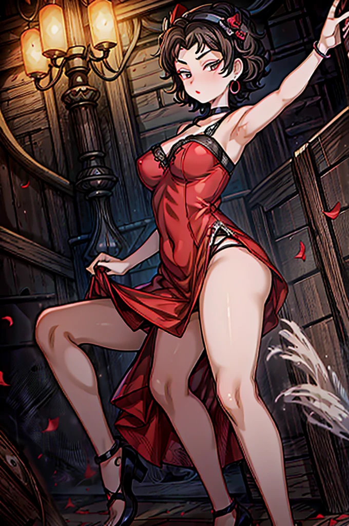 (8K HDR photorealistic pic), Betty Boop, short, althetic, curvy lady, ((tight little red dress)), dark eyebrows, black lipstick, (hoop earrings), dark eyeshadow, black lipstick, curvy, busty, (curly short black hair), shortstack, (retroussé breasts), darling figure, (supple pouting breasts), firm thighs, hourglass figure, kerchief, big brown eyes, dancing seductively