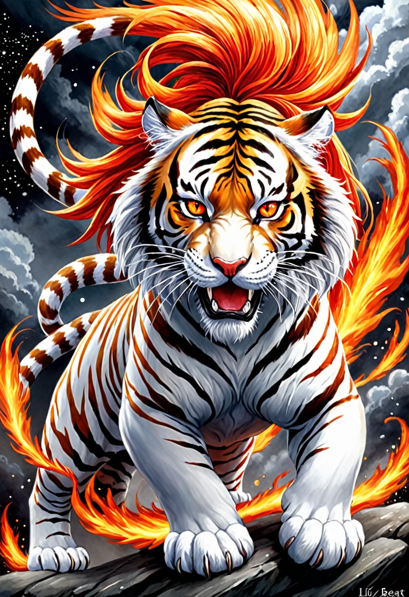 a painting of to tiger with red hair and a white tigre with red eyes, an airbrush painting by Li Kan, pixiv, fantasy art, tigre_beast, tigre of fire flying, sacred tigre, fire Lion, white tigre, ((tigre)), anthropomorphic tigre, sakimi, Nine Tails, Beautiful art, to tiger, cosmic tigre, tigre
