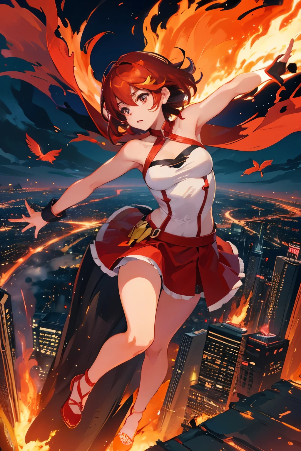 woman,Lina, short hair, Flying over the city, fire, Red glow