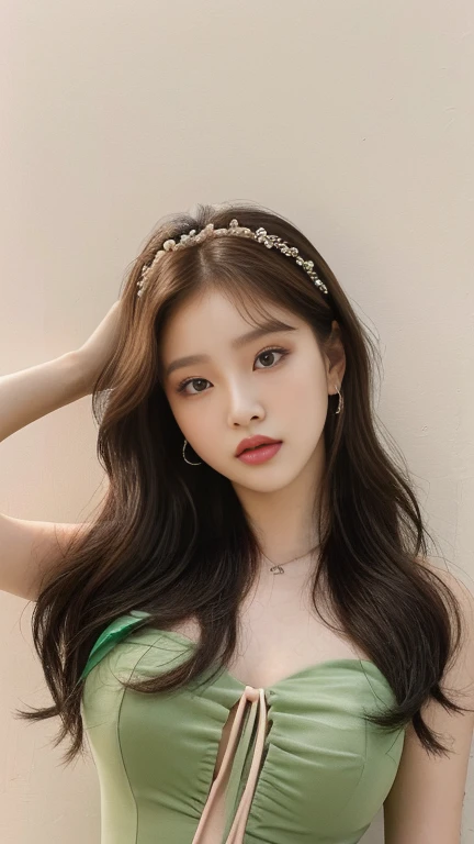a closeup of a woman in a green dress posing for a photo light brown eyes , jennie pink black, jinyoung shin, jaeyeon nam, roseanne park by blackpink, portrait of jossi de blackpink, jossi de blackpink, korean girl, ulzzang, beautiful south korean woman, tzuyu of two times, heonhwa choe, korean idol, Beautiful young Korean woman