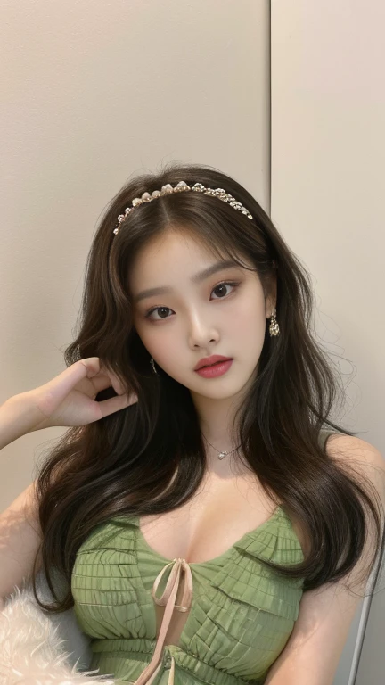 a closeup of a woman in a green dress posing for a photo light brown eyes , jennie pink black, jinyoung shin, jaeyeon nam, roseanne park by blackpink, portrait of jossi de blackpink, jossi de blackpink, korean girl, ulzzang, beautiful south korean woman, tzuyu of two times, heonhwa choe, korean idol, Beautiful young Korean woman