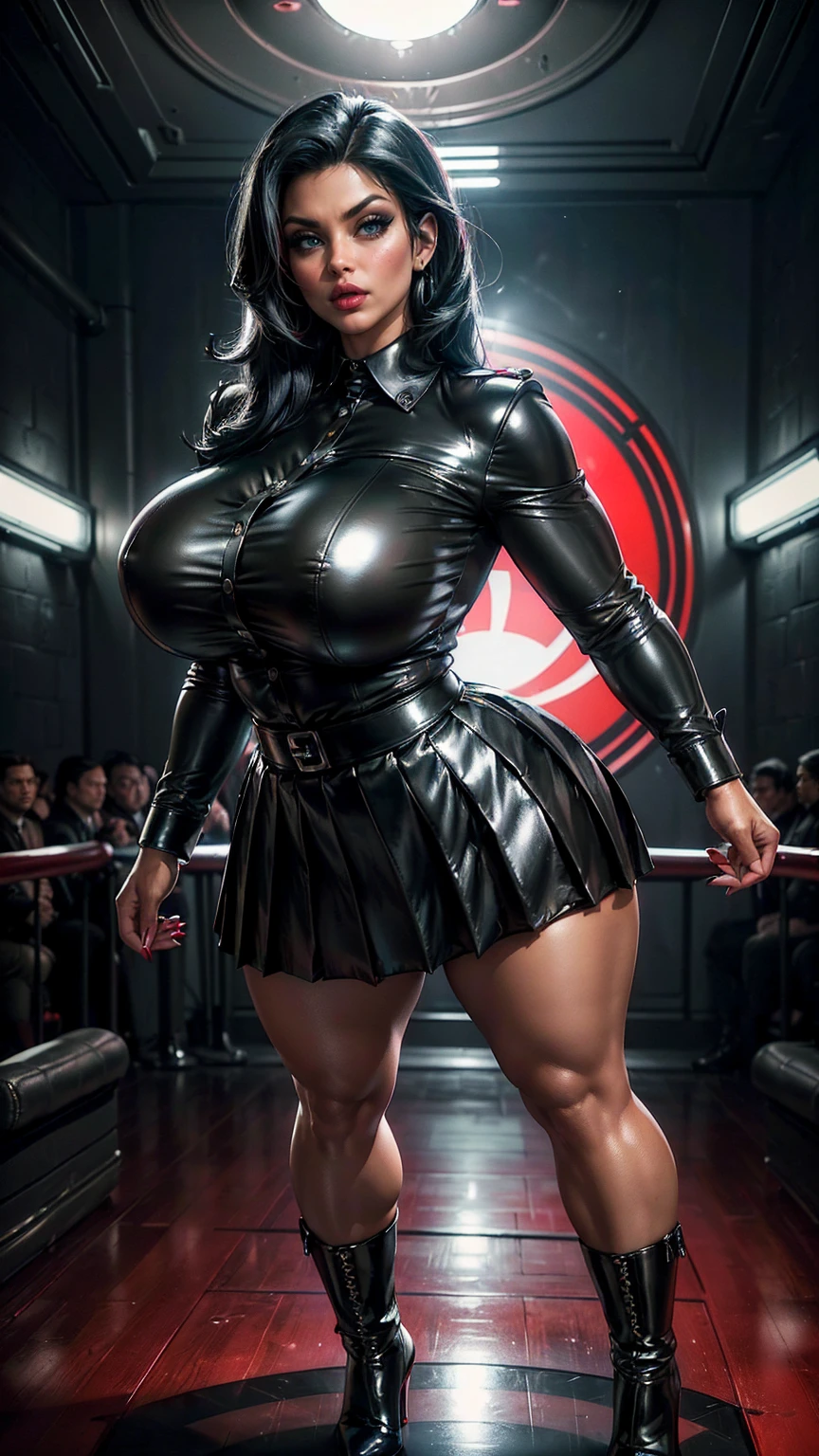 (masterpiece, Top quality, best quality, official art, beautiful and aesthetic: 1.2), ((curvy thicc mature Denise Milani:1.3)), ((black leather long-sleeved formal army shirt, buttoned up:1.5)), ((long black leather pleated skirt:1.5)), ((short, straight jet-black hair:1.4)), (tiny waist), ((thicc, thick thighs:1.5)), ((beautiful large green eyes):1.3), (intimidating pose in a boxing ring), (full-body portrait), (vivid colors), (metallic textures), (hot red lips, makeup:1.3), sexy fighter, prominent breasts, rock solid breasts, missile shaped breasts that defy gravity, (full body portrait:1.3), (straight, short jet-black hair), big_boltedontits, boltedontits, sakimichan, th3p1t,