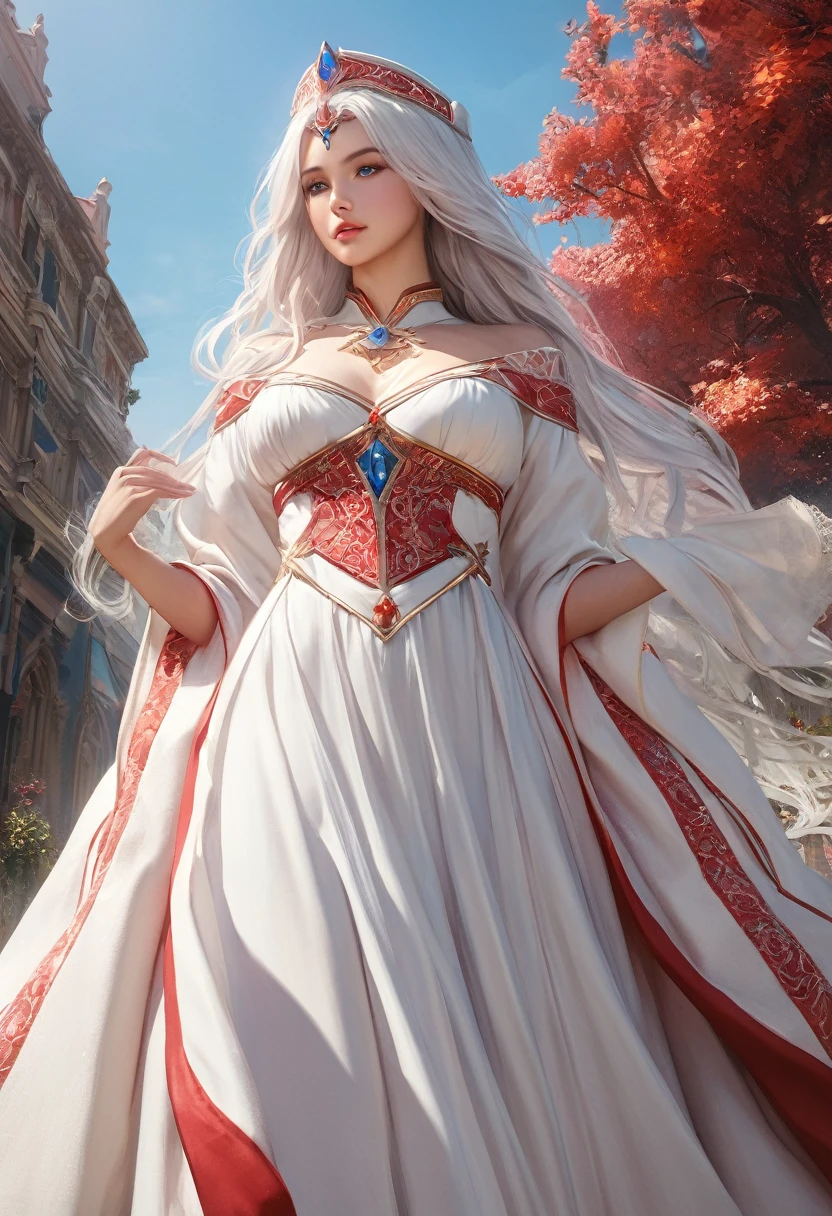 (best quality,4k,8k,highres,masterpiece:1.2), ultra-detailed, (realistic,photorealistic,photo-realistic:1.37),((Highly detailed CG Unity 8k wallpaper)), masterpiece, Super detailed, floating, High resolution, Sexually suggestive, (small, Extremely long white hair, Princess, White Mage, blue eyes, (It has long, wide sleeves and intricate embroidery. A gorgeous layered long dress in white and red with a sheer look), Bridal Veil, Circlet, Bridal Gauntlet, Blushing, shy, arched back, Frilled petticoat, Glamorous corset,