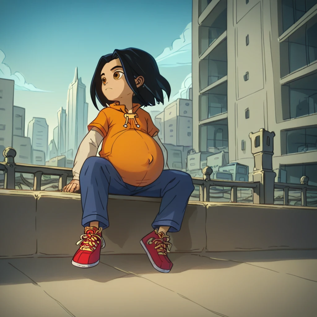 score_9, score_8_up, score_7_up, semirealistic girl sitting on bridge, , jadechan, short black hair, solo, brown eyes, wind, 1girl, orange hoodie, long white sleeves, blue pants, sneakers, city in the background, clear sky, hyper-pregnant, short stature, elementary school student 