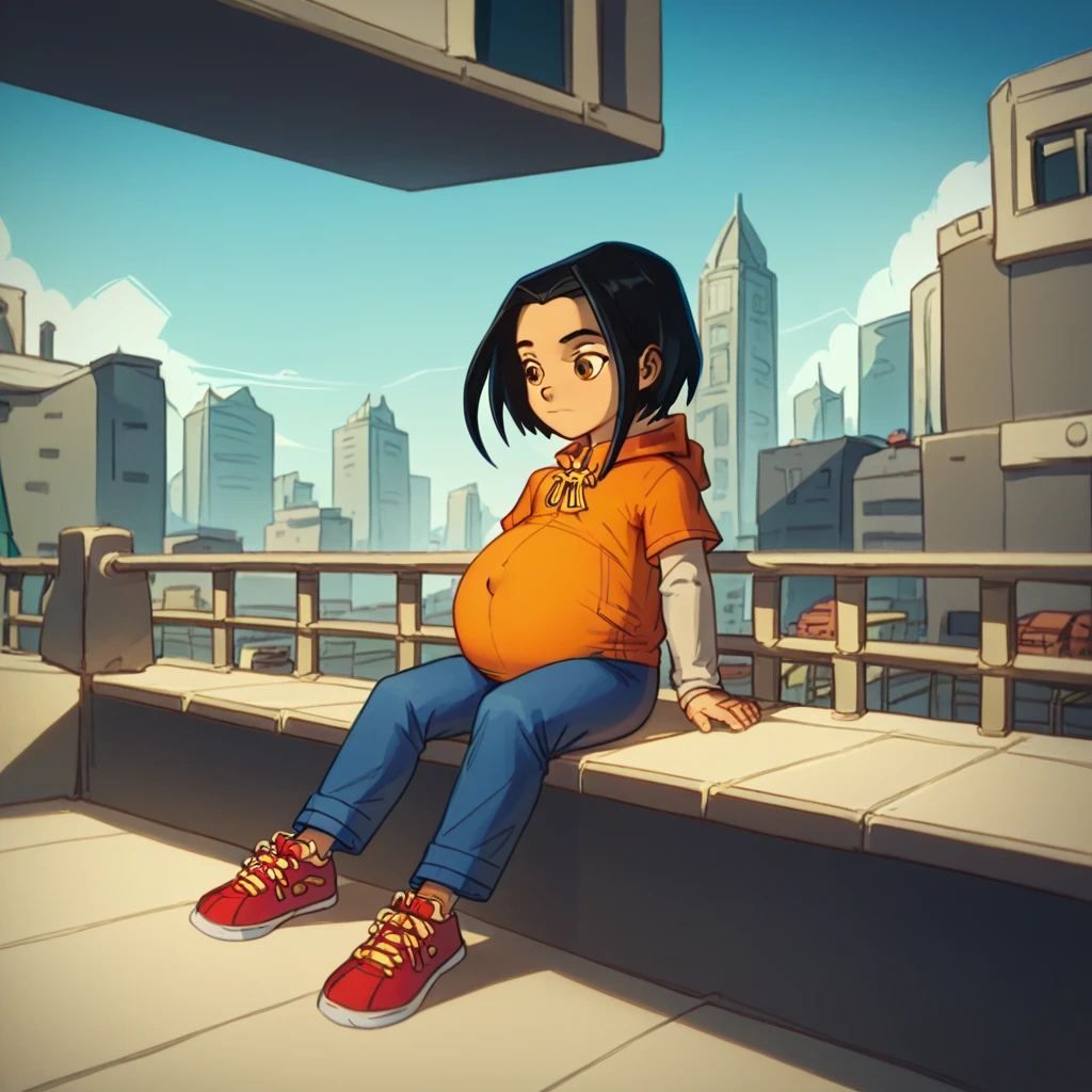 score_9, score_8_up, score_7_up, semirealistic girl sitting on bridge, , jadechan, short black hair, solo, brown eyes, wind, 1girl, orange hoodie, long white sleeves, blue pants, sneakers, city in the background, clear sky, hyper-pregnant, short stature, elementary school student 