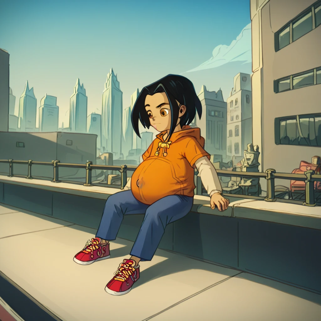 score_9, score_8_up, score_7_up, semirealistic girl sitting on bridge, , jadechan, short black hair, solo, brown eyes, wind, 1girl, orange hoodie, long white sleeves, blue pants, sneakers, city in the background, clear sky, hyper-pregnant, short stature, elementary school student 