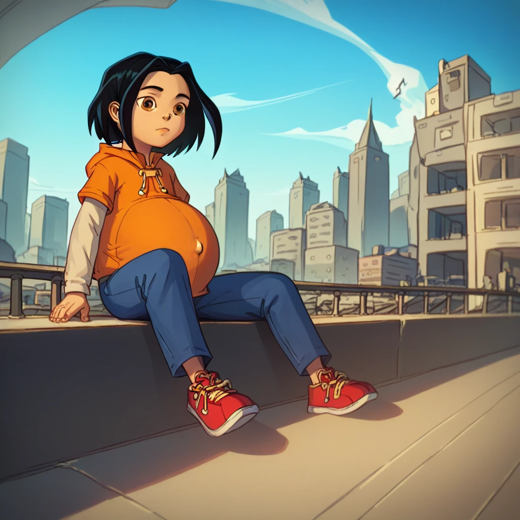 score_9, score_8_up, score_7_up, semirealistic girl sitting on bridge, , jadechan, short black hair, solo, brown eyes, wind, 1girl, orange hoodie, long white sleeves, blue pants, sneakers, city in the background, clear sky, hyper-pregnant, short stature, elementary school student 