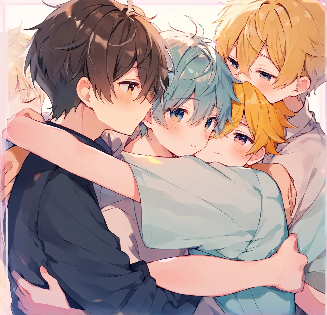 3 different cute male teenagers cuddling together