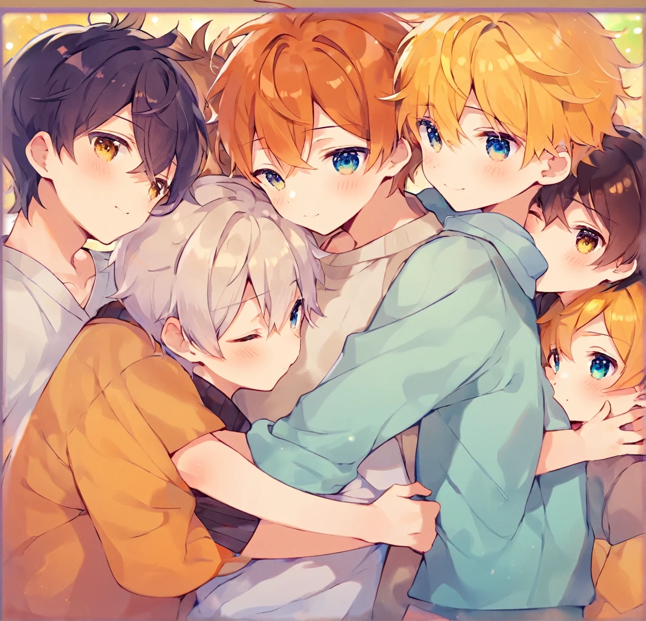 Group, 3 people. Group of boys have three boys, all is 4-yr, cute, young, little, short, thin, blonde hair, brown hair, black hair, Age Regression, Shotacon, Shota. Shorts pants. Lying down on floor.