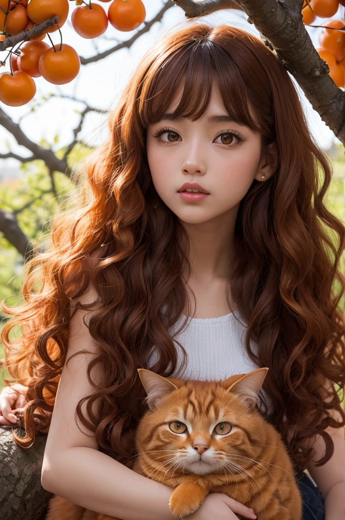 I make a girl with curly hair and brown skin accompanied by an orange long-haired cat on top of a cherry tree branch