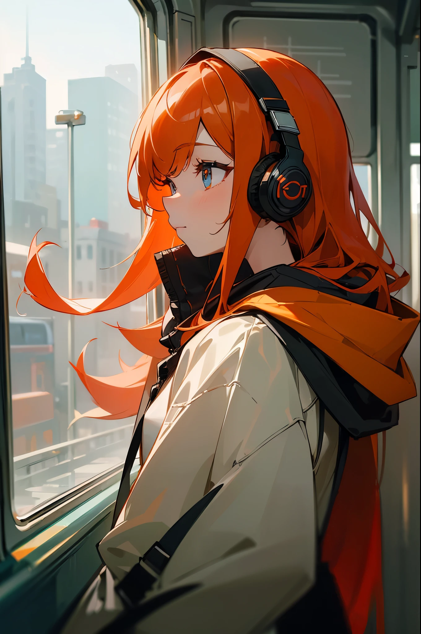 (masterpiece, sidelighting, ultra-detailed, finely detailed beautiful eyes: 1.2), 1girl, bag, building, from side, headphones, hood, hood down, hooded jacket, hoodie, jacket, long hair, orange hair, profile, red hair, solo, train, train interior, upper body, Masterpiece, best quality
