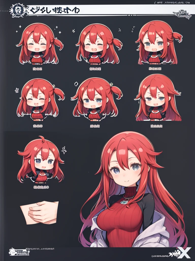 One Woman、(Chibi Character、Nendoroid、five-headed body、Front view、upright、Simple Background)、Red Hair、long hair、Hair between the eyes、Big Breasts、Huge breasts、Red clothes、Turtleneck sweater、Smiling、