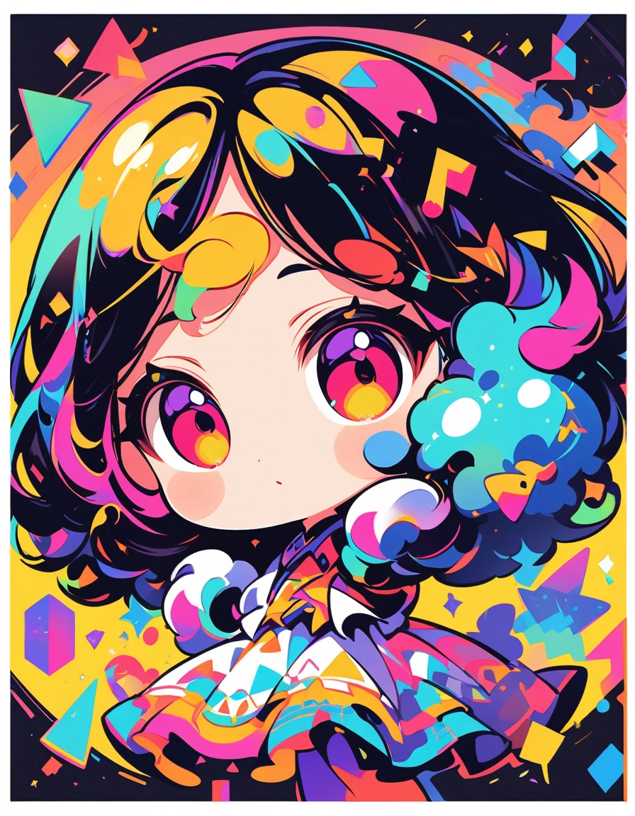 Cute chibi girl in a black and white dress on a yellow background. The vector illustration features colorful musical notes, red eyes, and black hair with bangs. Geometric shapes are included in the graphic design, which has a flat style with simple, clean lines and a white border. The poster art has no shadows and high resolution, quality, detail, contrast, and saturation. Vivid, bold, bright colors make up the color palette. It is a cute cartoon character in the style of poster art with vivid colors and clean lines. --ar 3:4 --niji 6