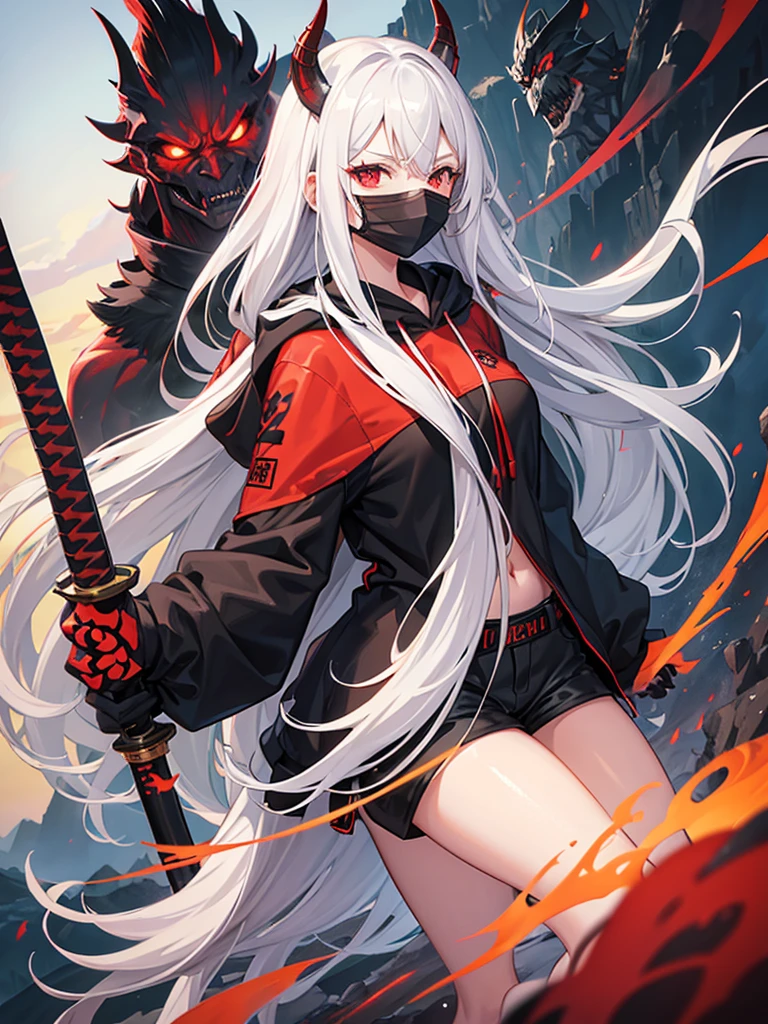Girl , tall,long white hair , red eyes ,Big , thunder thighs, big ass, black shorts ,black demon hoodie , dark Oni face mask, swinging katana , mountain backround , looking to viewer