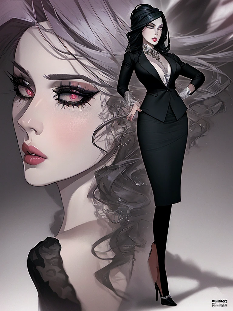 a woman in a mafia-style suit, skirt, high heels, beautiful detailed eyes, beautiful detailed lips, extremely detailed face, long eyelashes, elegant pose, dramatic lighting, cinematic atmosphere, high-end fashion, photorealistic, 8k, best quality, masterpiece
