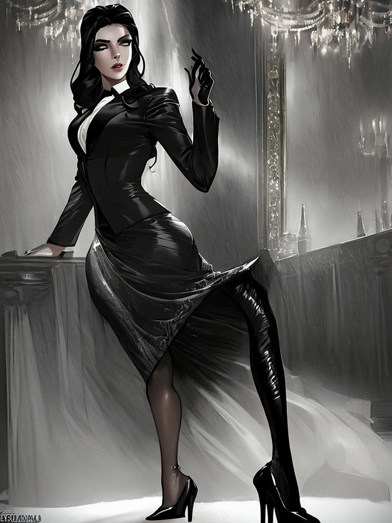 a woman in a mafia-style suit, skirt, high heels, beautiful detailed eyes, beautiful detailed lips, extremely detailed face, long eyelashes, elegant pose, dramatic lighting, cinematic atmosphere, high-end fashion, photorealistic, 8k, best quality, masterpiece
