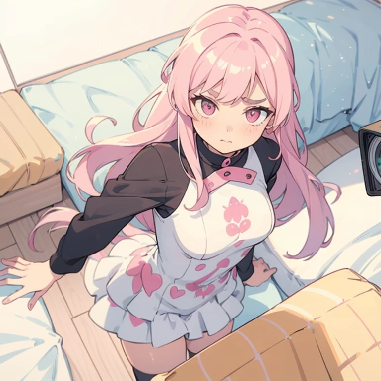 Girls with pink hair, long double-tailed hairstyle, ((small pink bushy eyebrows)), dressed in lolita clothes, marked vagina, lolicon (Zankuro) drawing style by zankuro artist, ザンクロー style, image uploaded to R34, changing of clothes in a room, looking away, not looking at the camera (hidden camera recording it, security camera filter recording it)