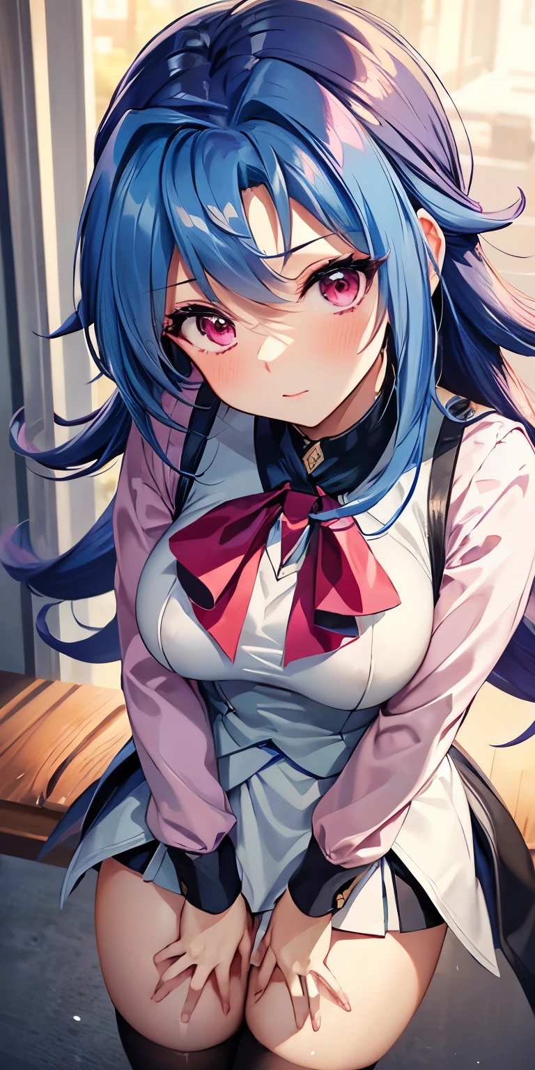 1 Female,High definition,high resolution,Ultra-realistic,8K, kr1, multicolored hair, dyed bangs, long sleeves,tight black thighhighs, bow, pink dress, white vest, white skirt,tight skirt, miniskirt ,European,sexy,Upper body close-up,Photographed from the front,Dynamic Angles,blush, (medium tits ),nipples,(wide thighs:1.3)